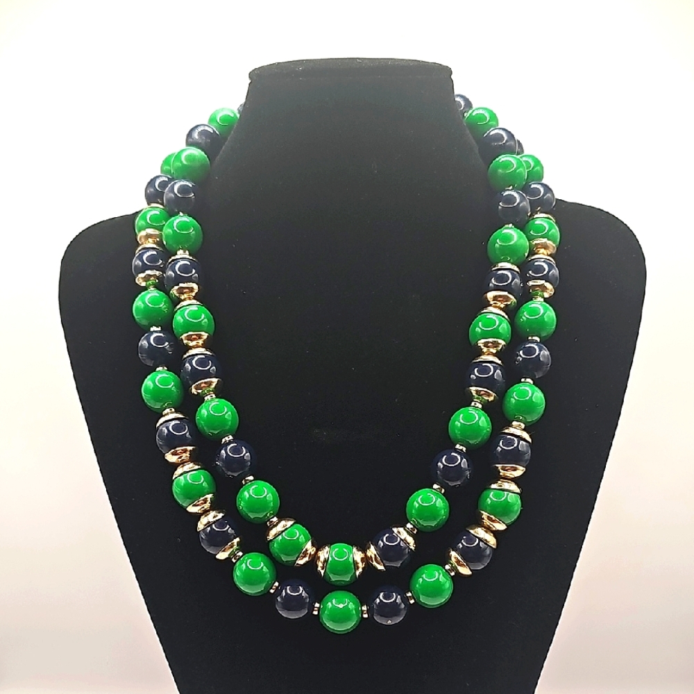 Elegant Green, Black & Goldtone Beaded Necklace